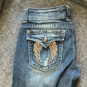 Miss Me Angel Wing Boot Cut Jeans Flap Pkt Distressed Bling Women's 27